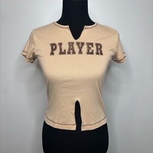 M-Fasis by California Blue Y2K Baby Tee | Women’s S | Tan Glitter Player Graphic